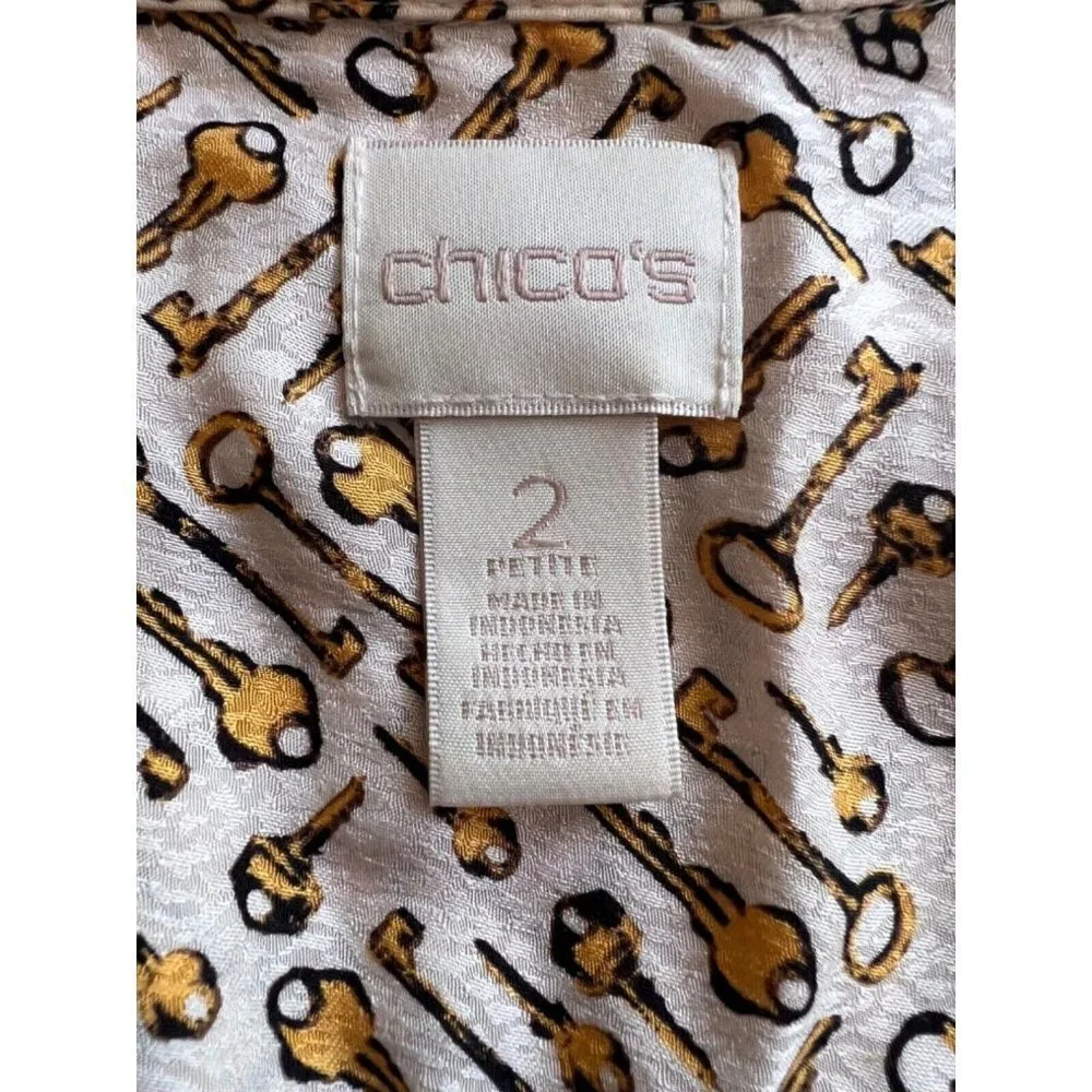 Chico's 2 or L Petite Top Golden Keys Prints Soft Button Shirt Blouse Long Slv - Picture 4 of 7